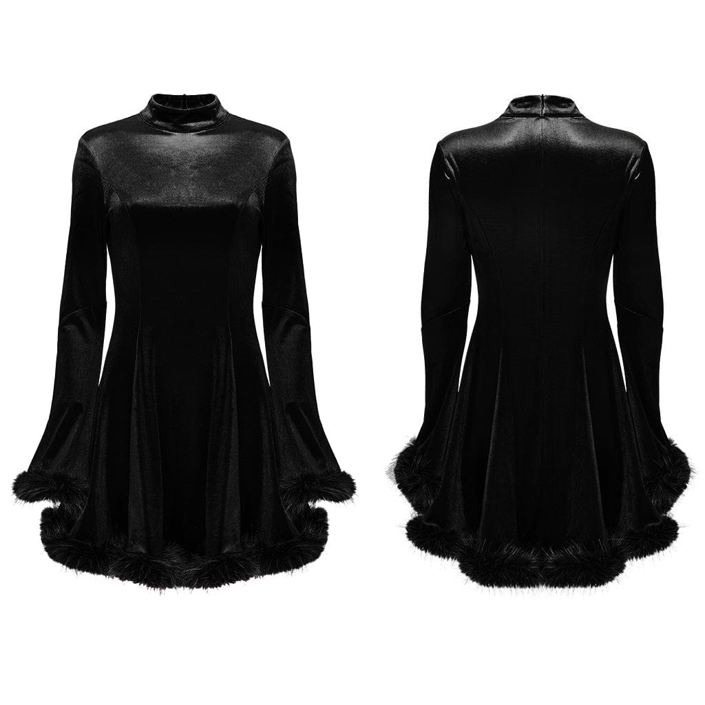 PUNK RAVE Women's Gothic High-Neck Fur Cuff Velvet Dress Black