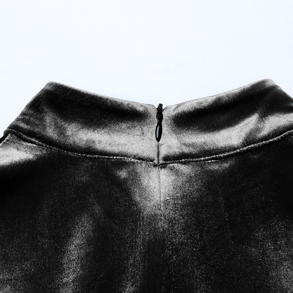 PUNK RAVE Women's Gothic High-Neck Fur Cuff Velvet Dress Black