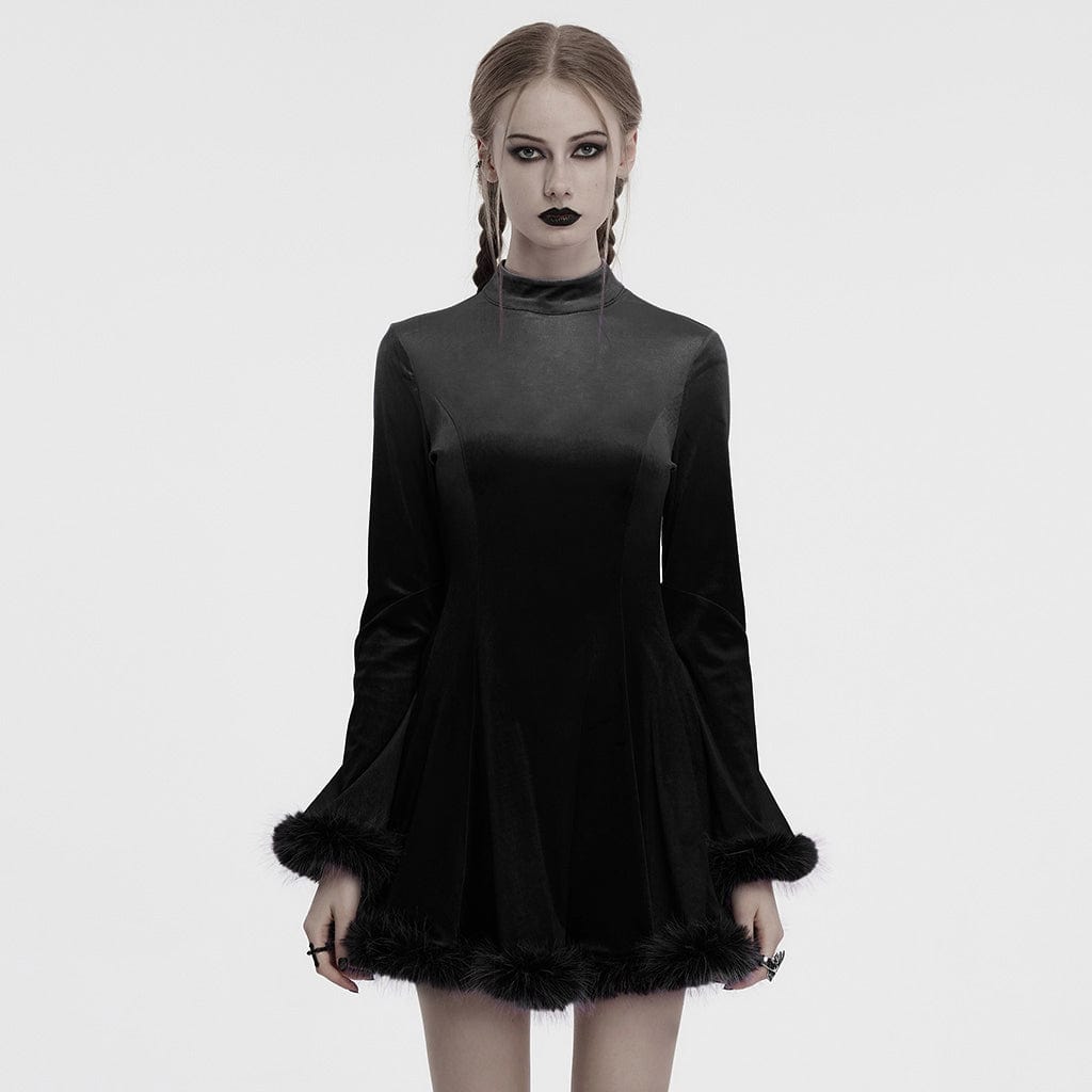 PUNK RAVE Women's Gothic High-Neck Fur Cuff Velvet Dress Black