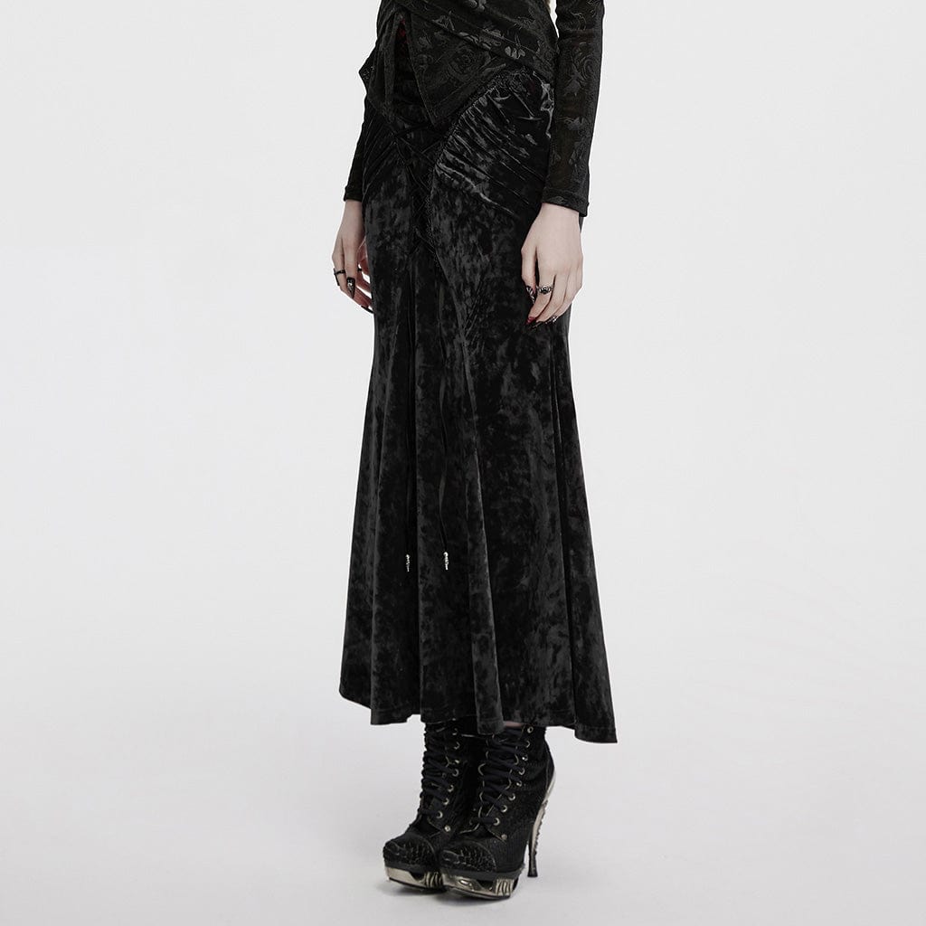 PUNK RAVE Women's Gothic High-waisted Lace-up Velvet Fishtailed Skirt Black