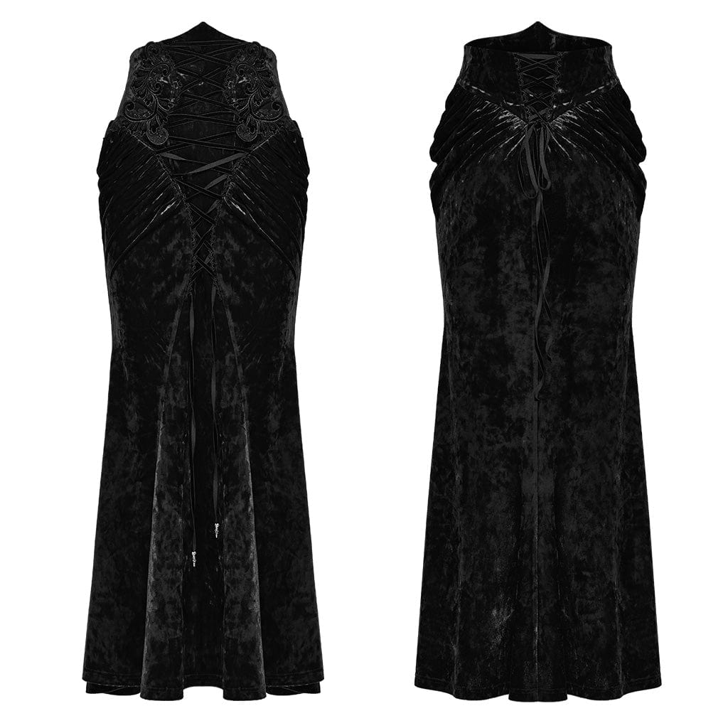 PUNK RAVE Women's Gothic High-waisted Lace-up Velvet Fishtailed Skirt Black