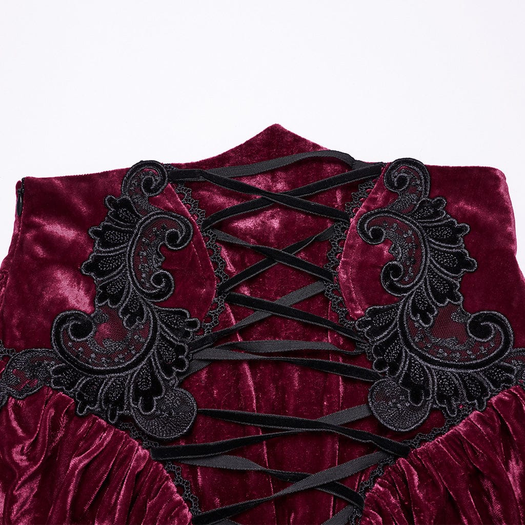 PUNK RAVE Women's Gothic High-waisted Lace-up Velvet Fishtailed Skirt Red