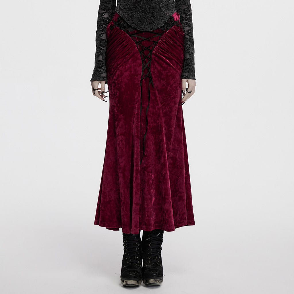 PUNK RAVE Women's Gothic High-waisted Lace-up Velvet Fishtailed Skirt Red