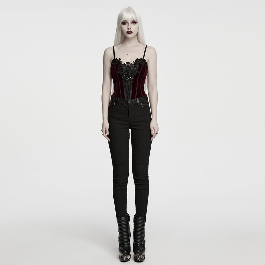 PUNK RAVE Women's Gothic Irregular Applique Lace-up Overbust Corset Red