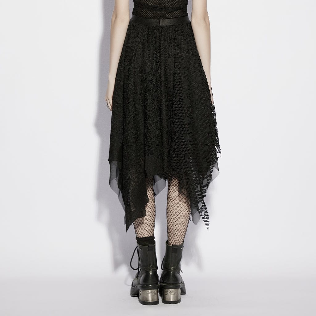 PUNK RAVE Women's Gothic Irregular Bat&Cobweb Mesh Skirt