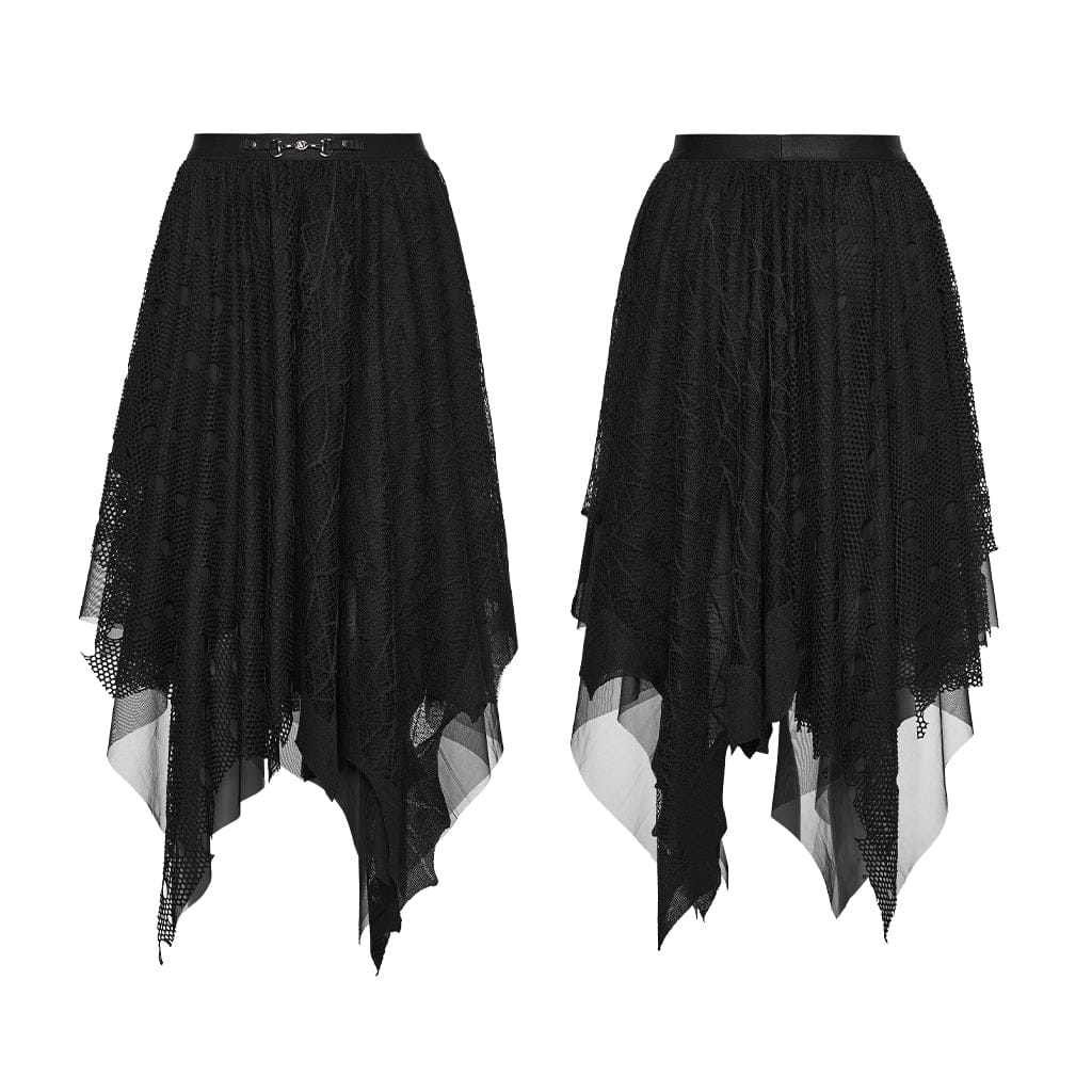 PUNK RAVE Women's Gothic Irregular Bat&Cobweb Mesh Skirt