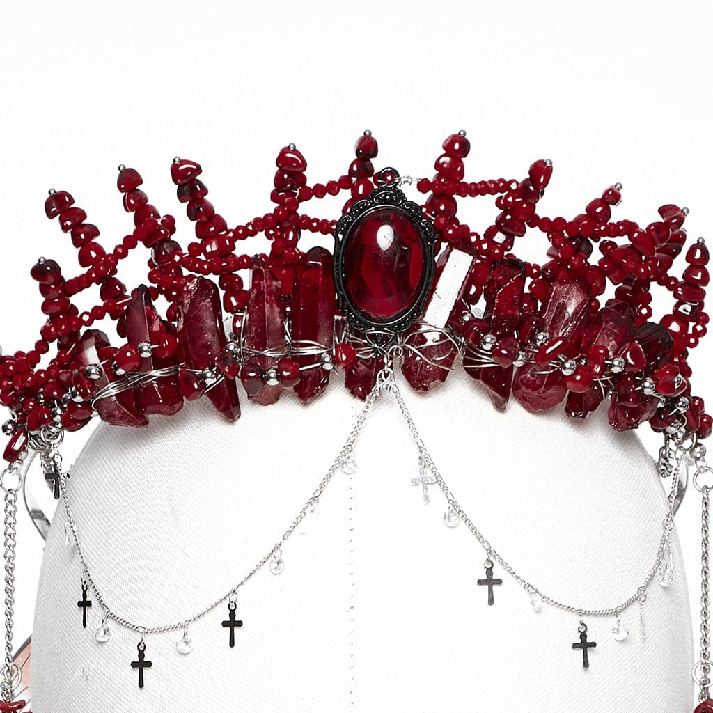 PUNK RAVE Women's Gothic Irregular Crystal Cross Headwear Red