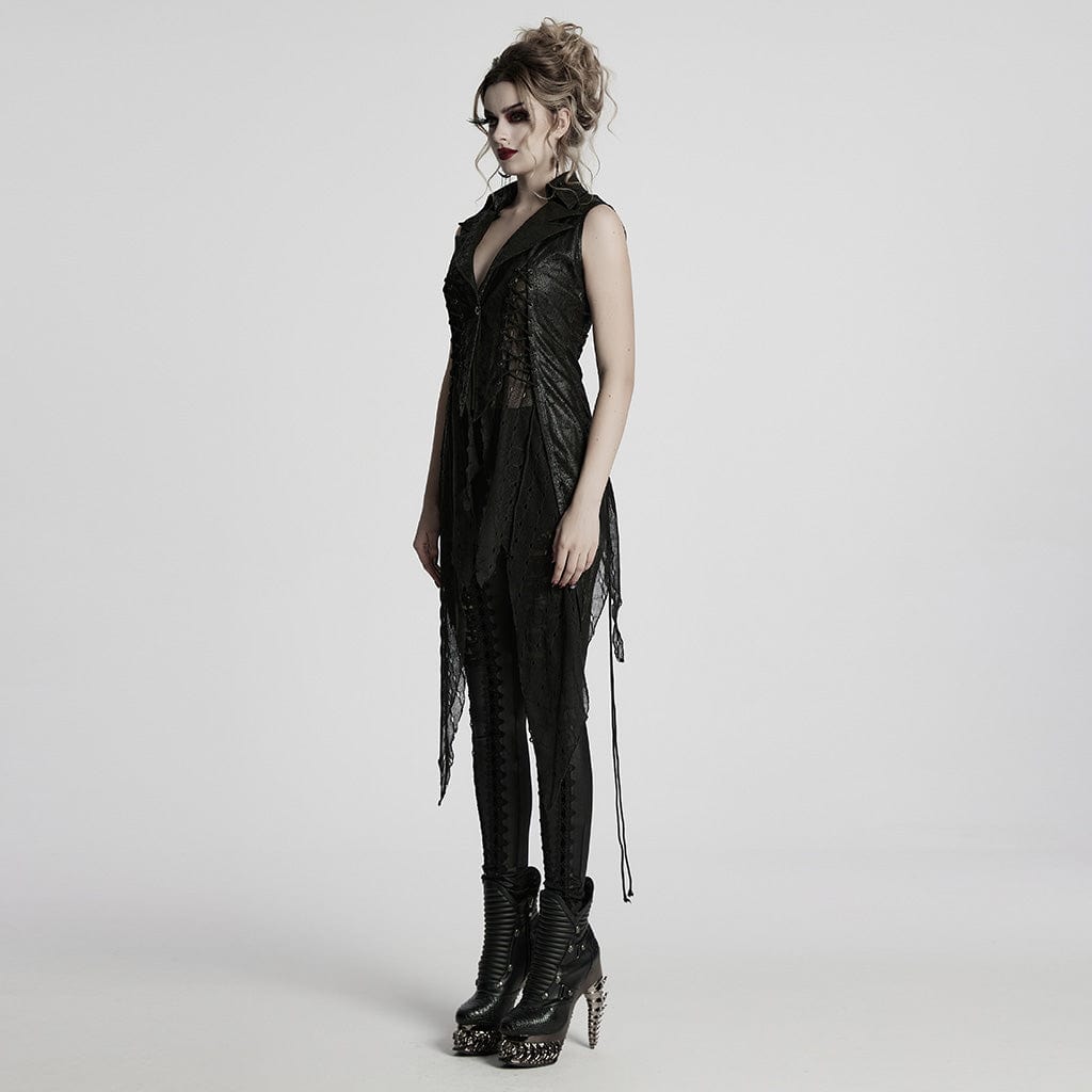 PUNK RAVE Women's Gothic Irregular Mesh Splice Lace-up Waistcoat