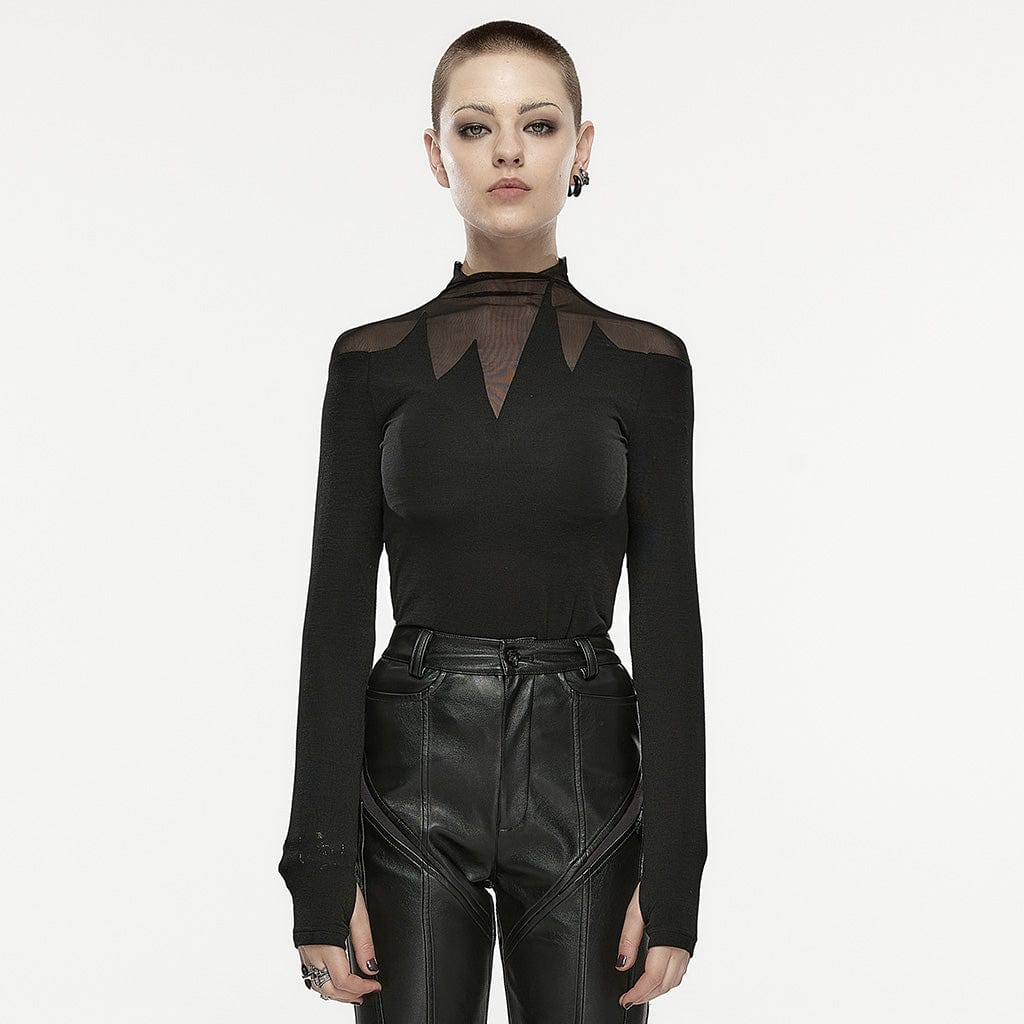 PUNK RAVE Women's Gothic Irregular Mesh Splice Shirt