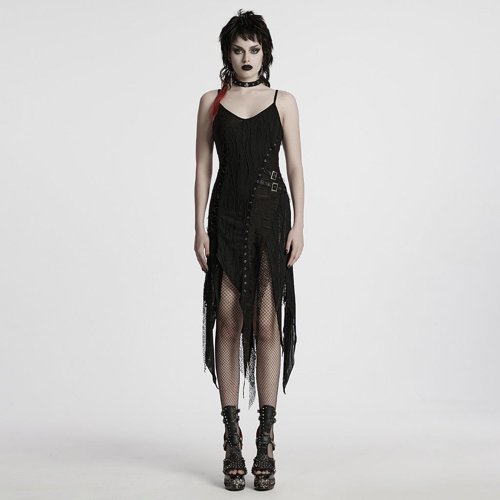 PUNK RAVE Women's Gothic Irregular Ripped Lace-up Party Slip Dress
