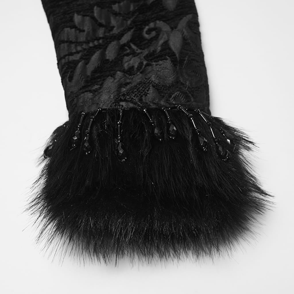PUNK RAVE Women's Gothic Jacquard Lace-up Faux Fur Trim Long Jacket Black