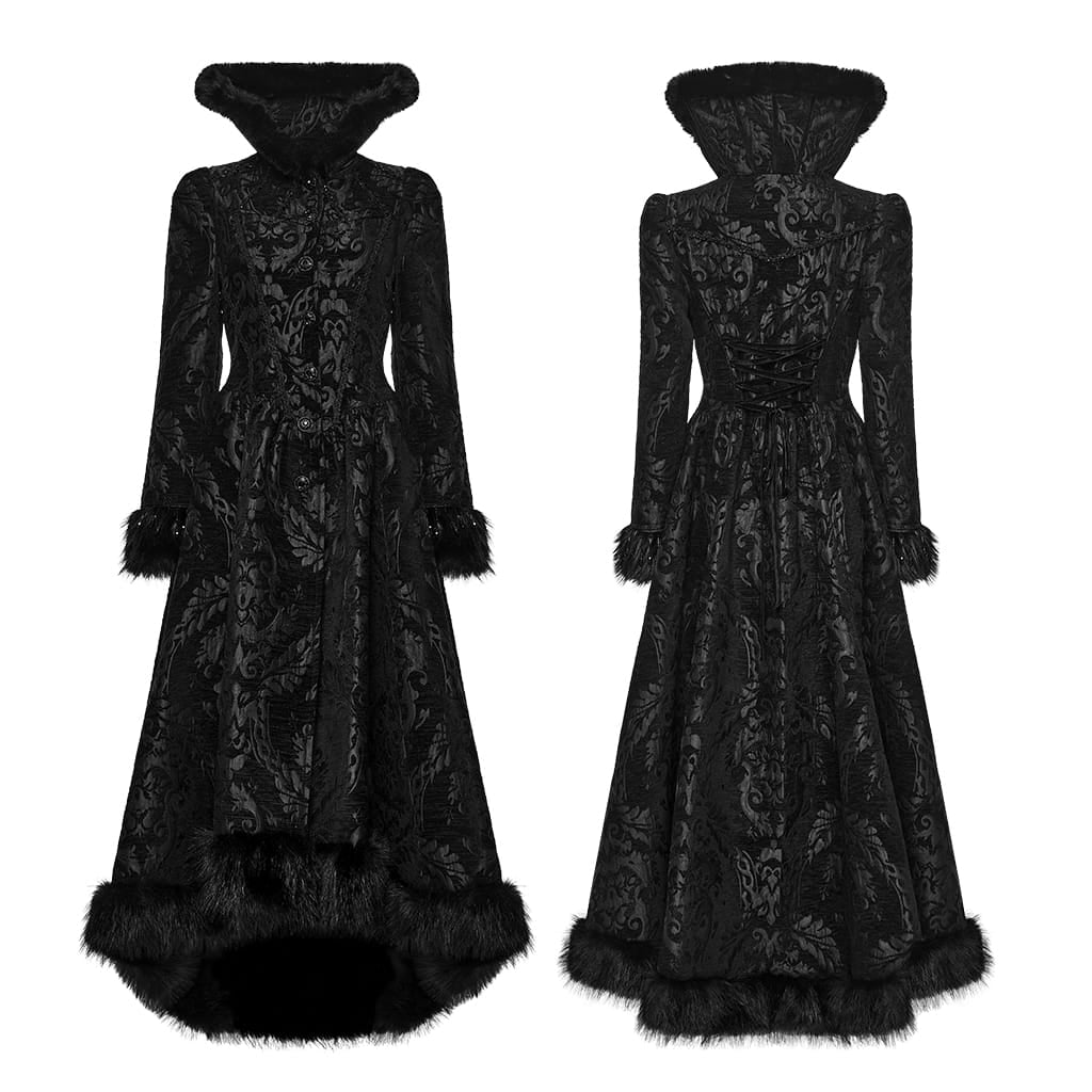 PUNK RAVE Women's Gothic Jacquard Lace-up Faux Fur Trim Long Jacket Black