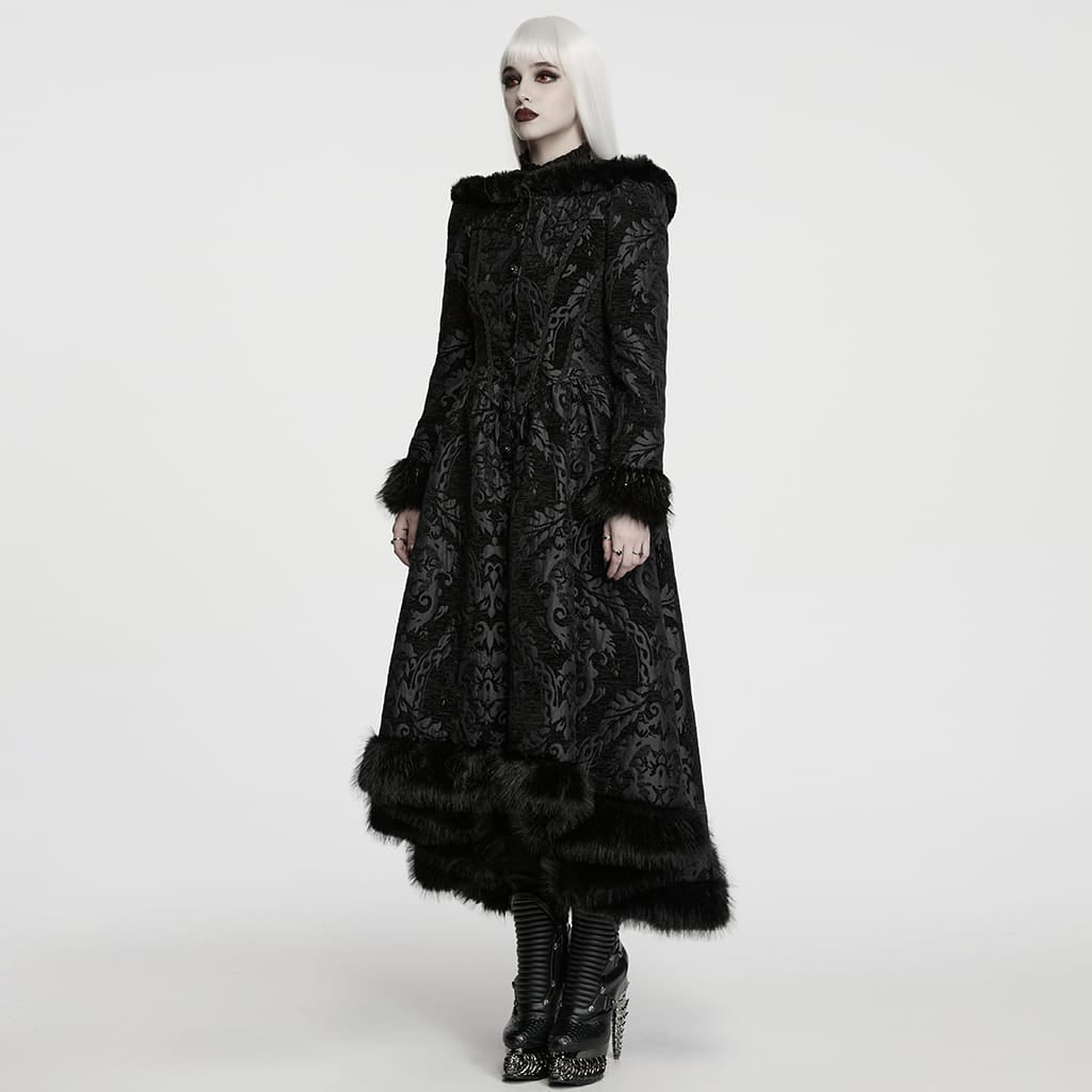 PUNK RAVE Women's Gothic Jacquard Lace-up Faux Fur Trim Long Jacket Black
