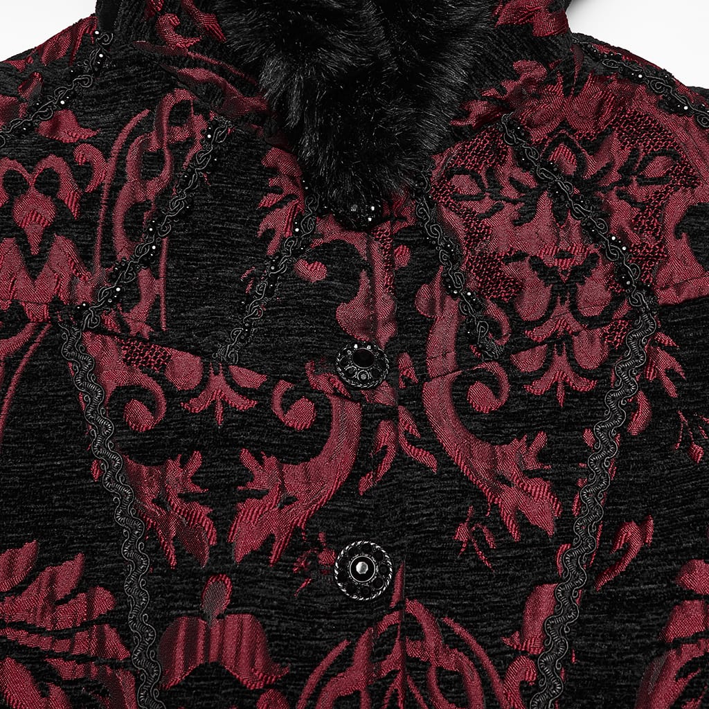 PUNK RAVE Women's Gothic Jacquard Lace-up Faux Fur Trim Long Jacket Red