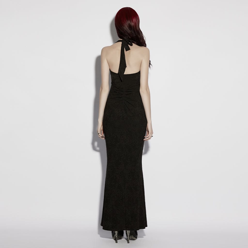 PUNK RAVE Women's Gothic Jacquard Plunging Ruched Halterneck Dress
