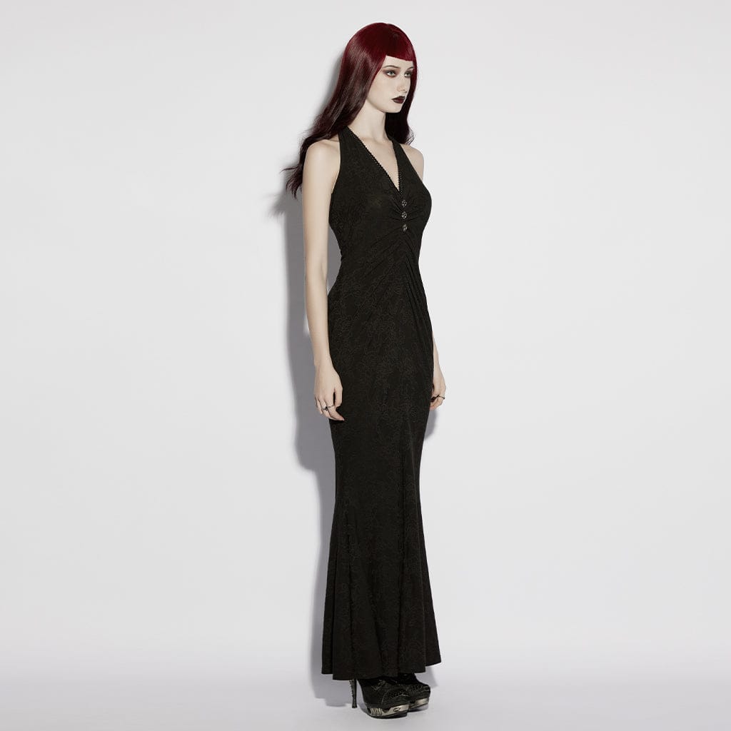 PUNK RAVE Women's Gothic Jacquard Plunging Ruched Halterneck Dress