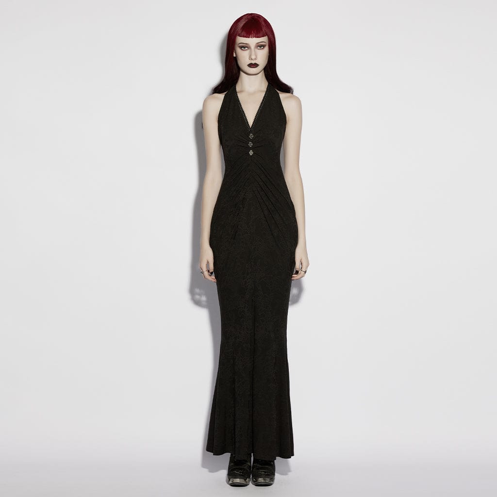 PUNK RAVE Women's Gothic Jacquard Plunging Ruched Halterneck Dress Graduation Dress