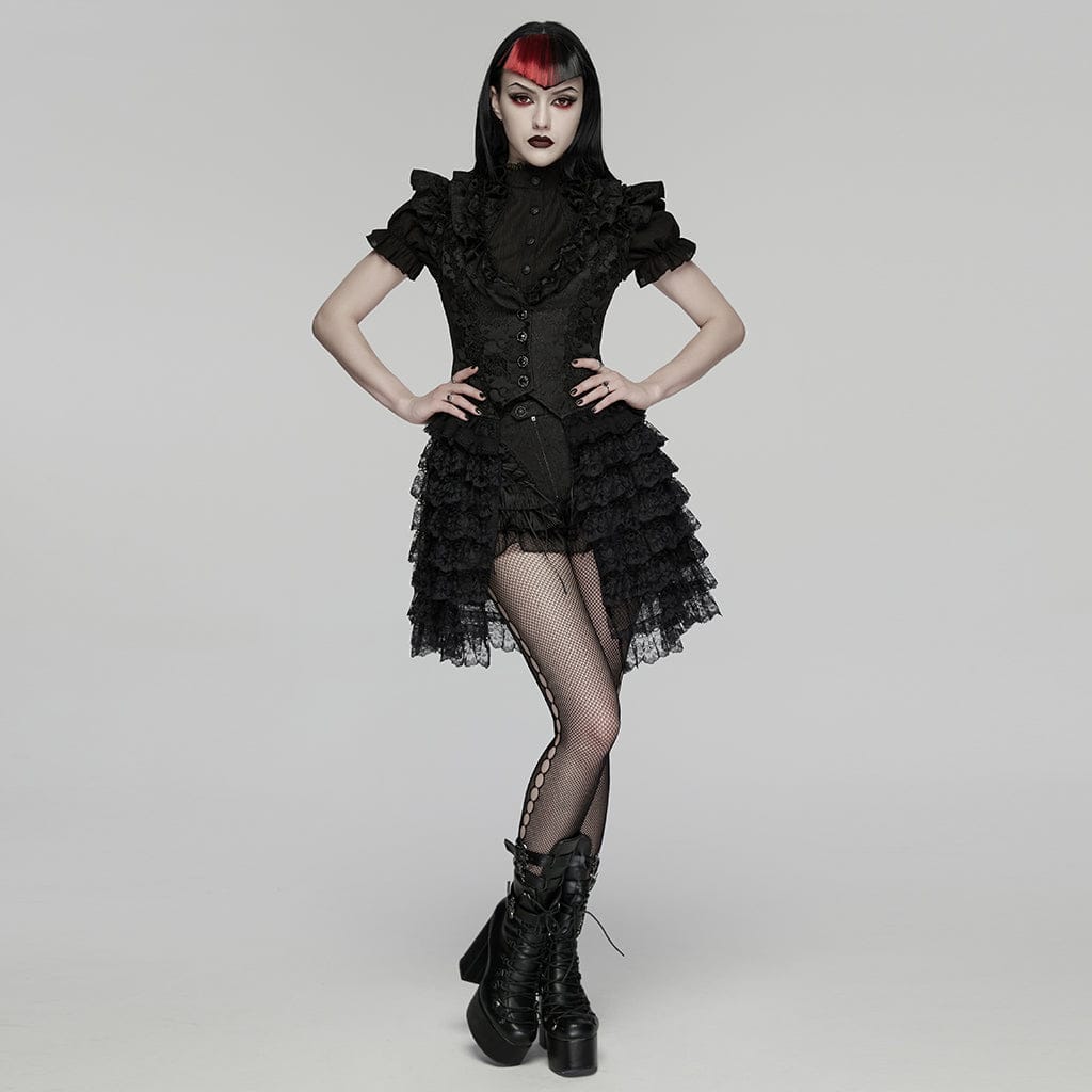 PUNK RAVE Women's Gothic Jacquard Ruffled Layered Skirt Vest