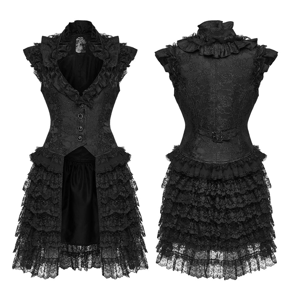 PUNK RAVE Women's Gothic Jacquard Ruffled Layered Skirt Vest