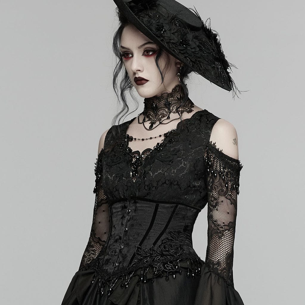 PUNK RAVE Women's Gothic Jacquard Tassels Underbust Corset Black