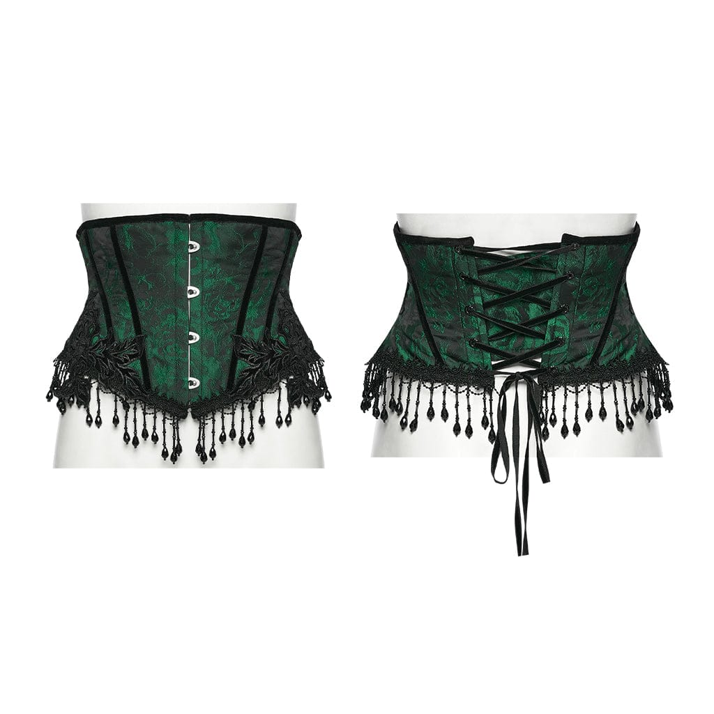 PUNK RAVE Women's Gothic Jacquard Tassels Underbust Corset Black-Green