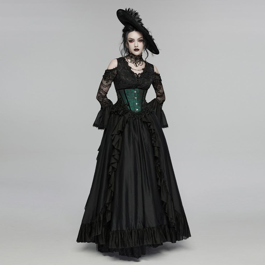 PUNK RAVE Women's Gothic Jacquard Tassels Underbust Corset Black-Green