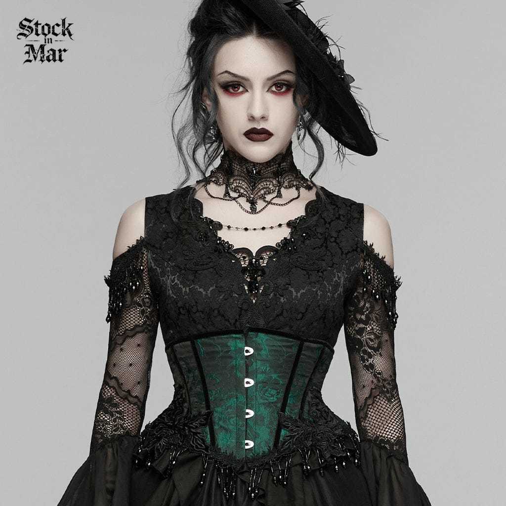 PUNK RAVE Women's Gothic Jacquard Tassels Underbust Corset Black-Green