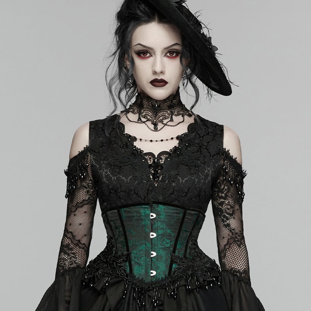 PUNK RAVE Women's Gothic Jacquard Tassels Underbust Corset Black-Green