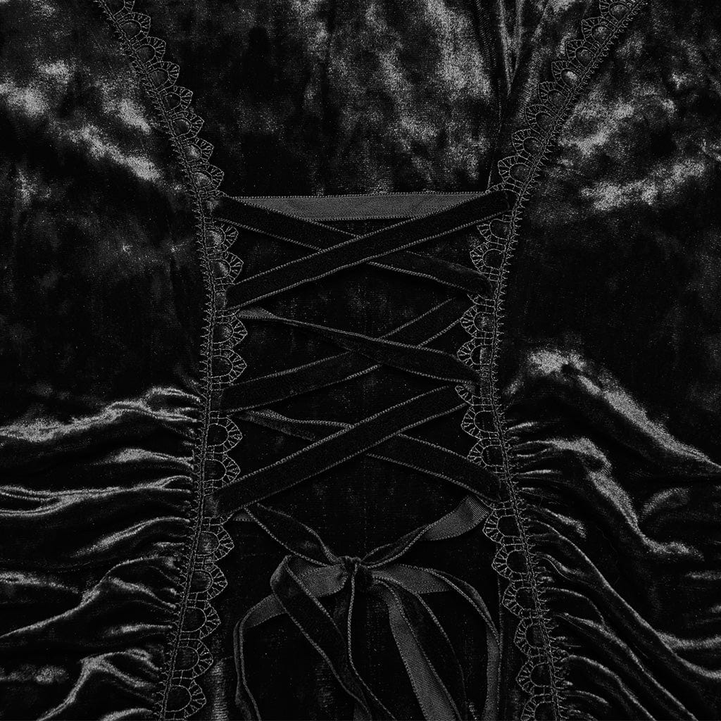 PUNK RAVE Women's Gothic Lace Cross Splice Velvet Hooded Dress Black