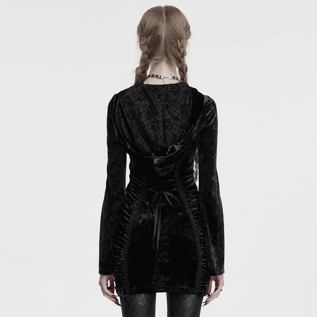 PUNK RAVE Women's Gothic Lace Cross Splice Velvet Hooded Dress Black