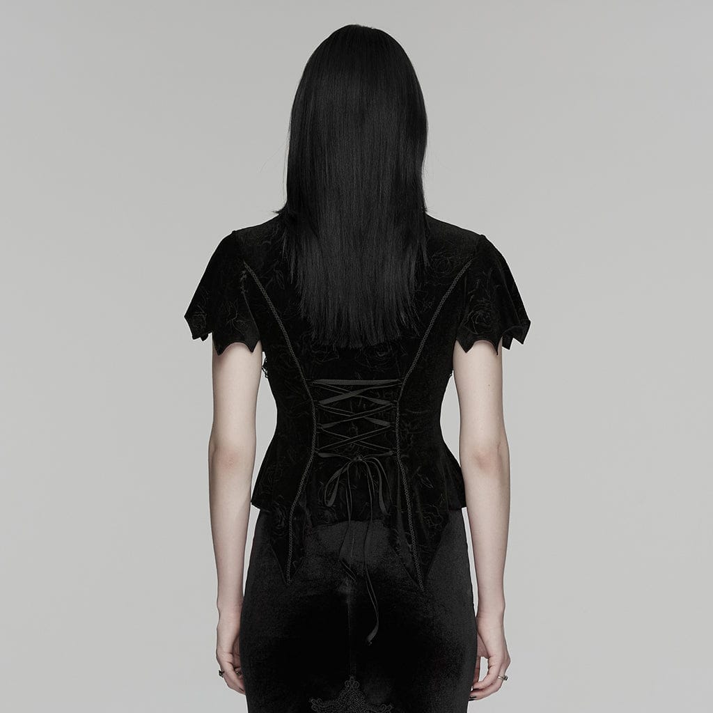 PUNK RAVE Women's Gothic Lace Cutout Rose Printed Velvet Short Sleeved Top