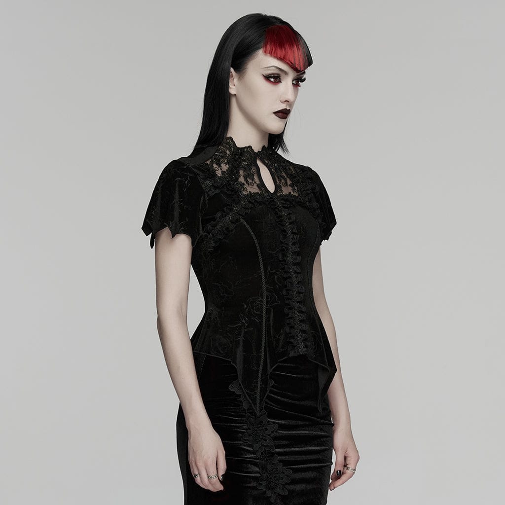 PUNK RAVE Women's Gothic Lace Cutout Rose Printed Velvet Short Sleeved Top