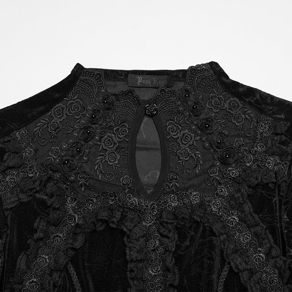 PUNK RAVE Women's Gothic Lace Cutout Rose Printed Velvet Short Sleeved Top