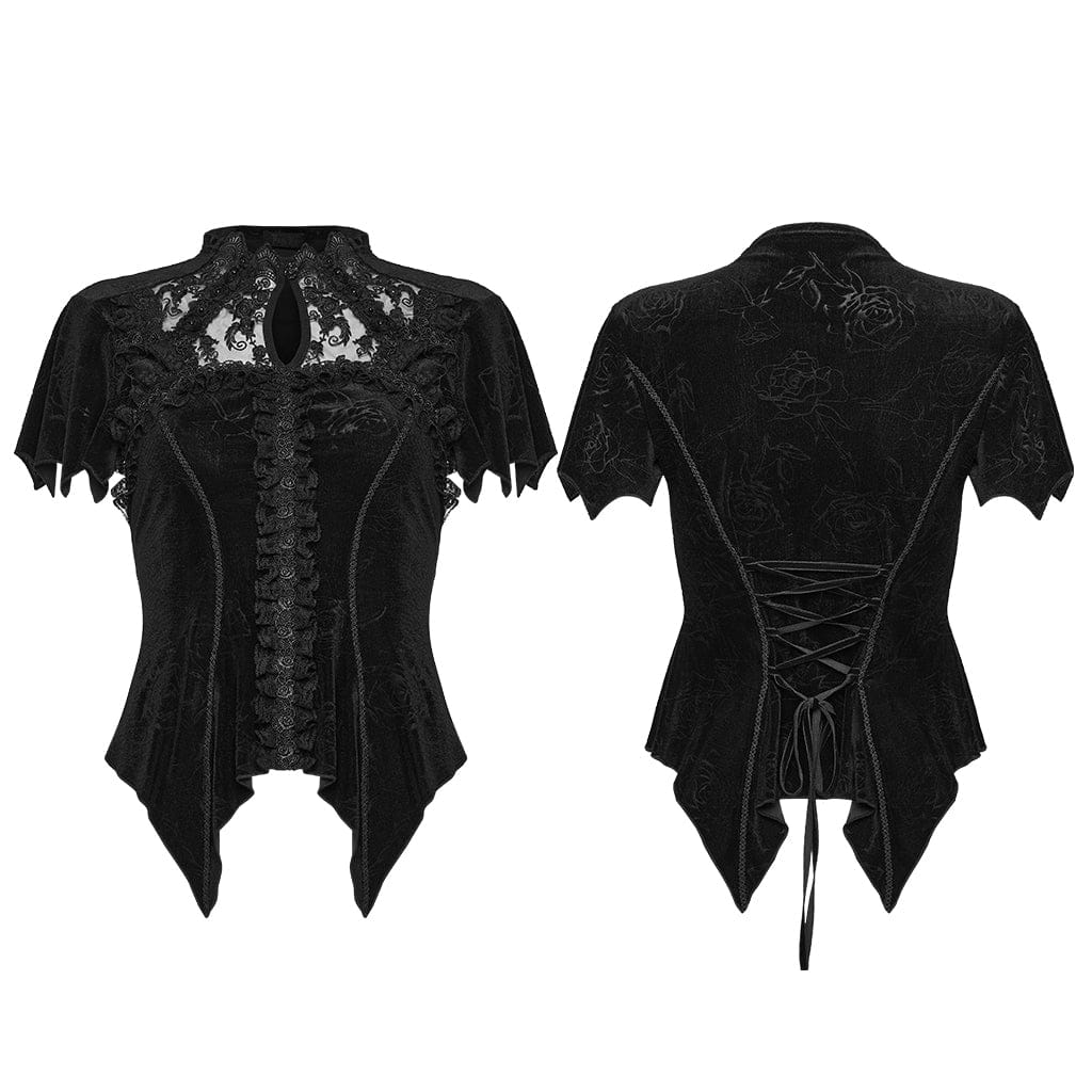 PUNK RAVE Women's Gothic Lace Cutout Rose Printed Velvet Short Sleeved Top