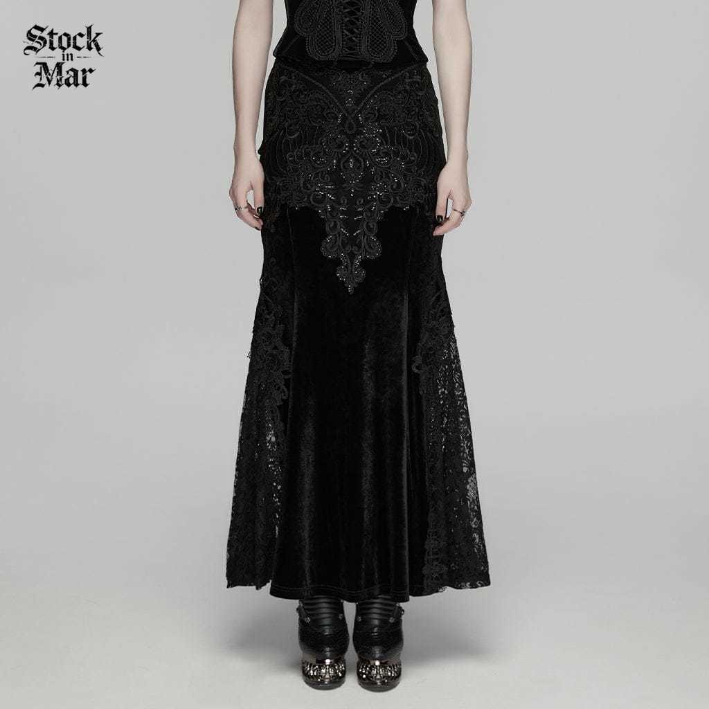 PUNK RAVE Women's Gothic Lace Embroidered Velvet Skirt