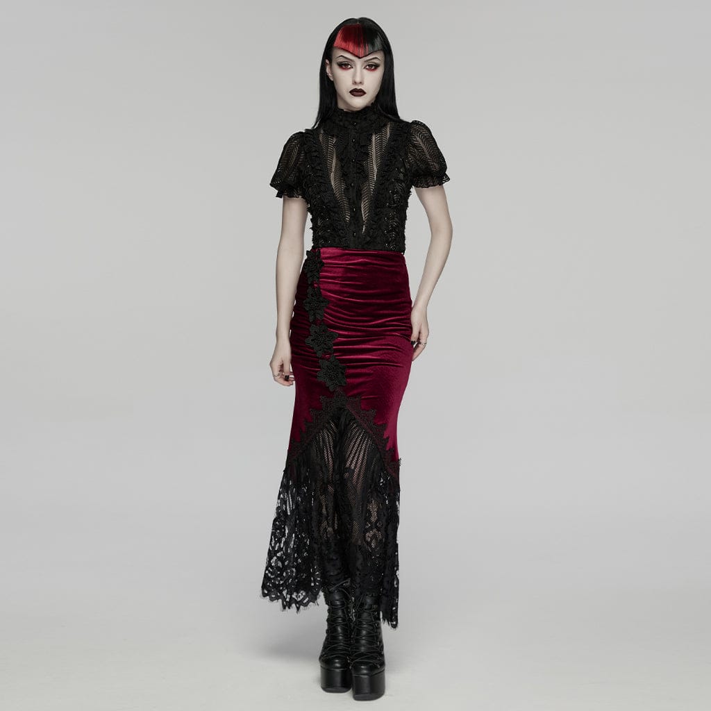 PUNK RAVE Women's Gothic Lace Ruched Fishtail Velvet Skirt Black-Red