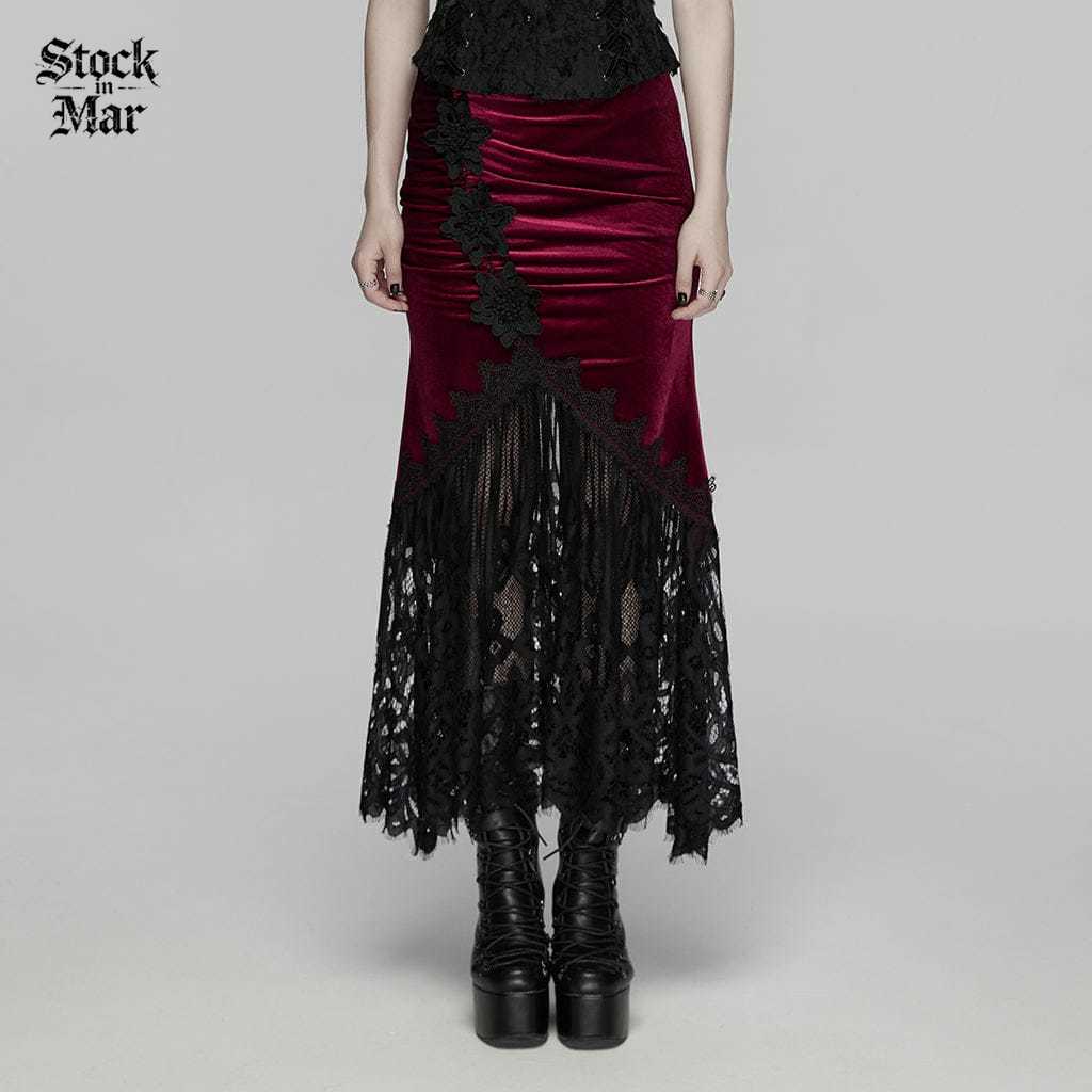 PUNK RAVE Women's Gothic Lace Ruched Fishtail Velvet Skirt Black-Red