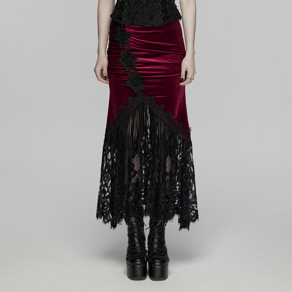 PUNK RAVE Women's Gothic Lace Ruched Fishtail Velvet Skirt Black-Red