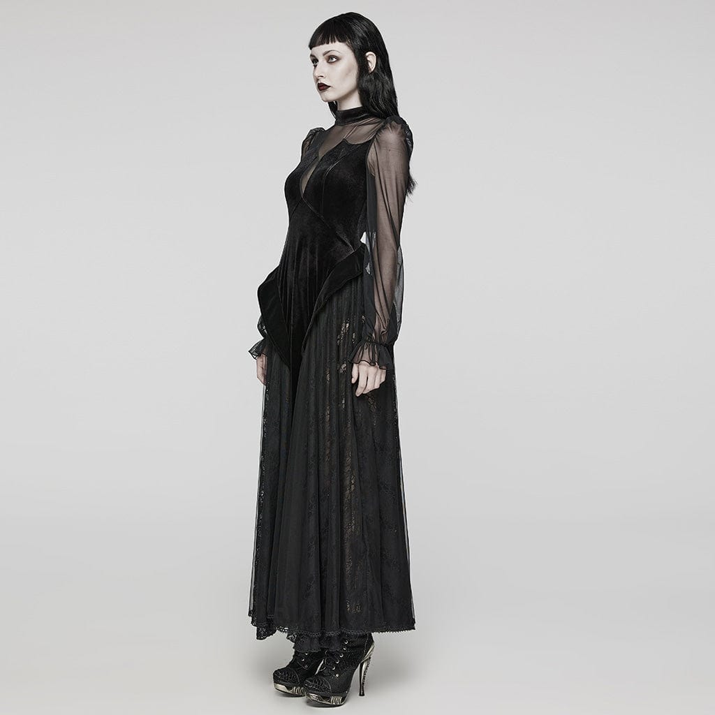 PUNK RAVE Women's Gothic Lace Ruffled Lace-Up Maxi Dress