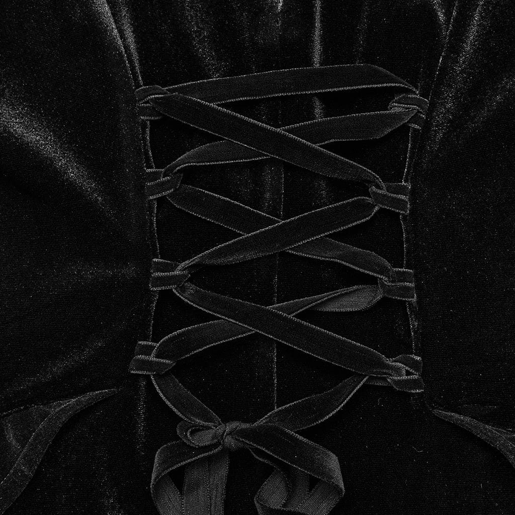 PUNK RAVE Women's Gothic Lace Ruffled Lace-Up Maxi Dress