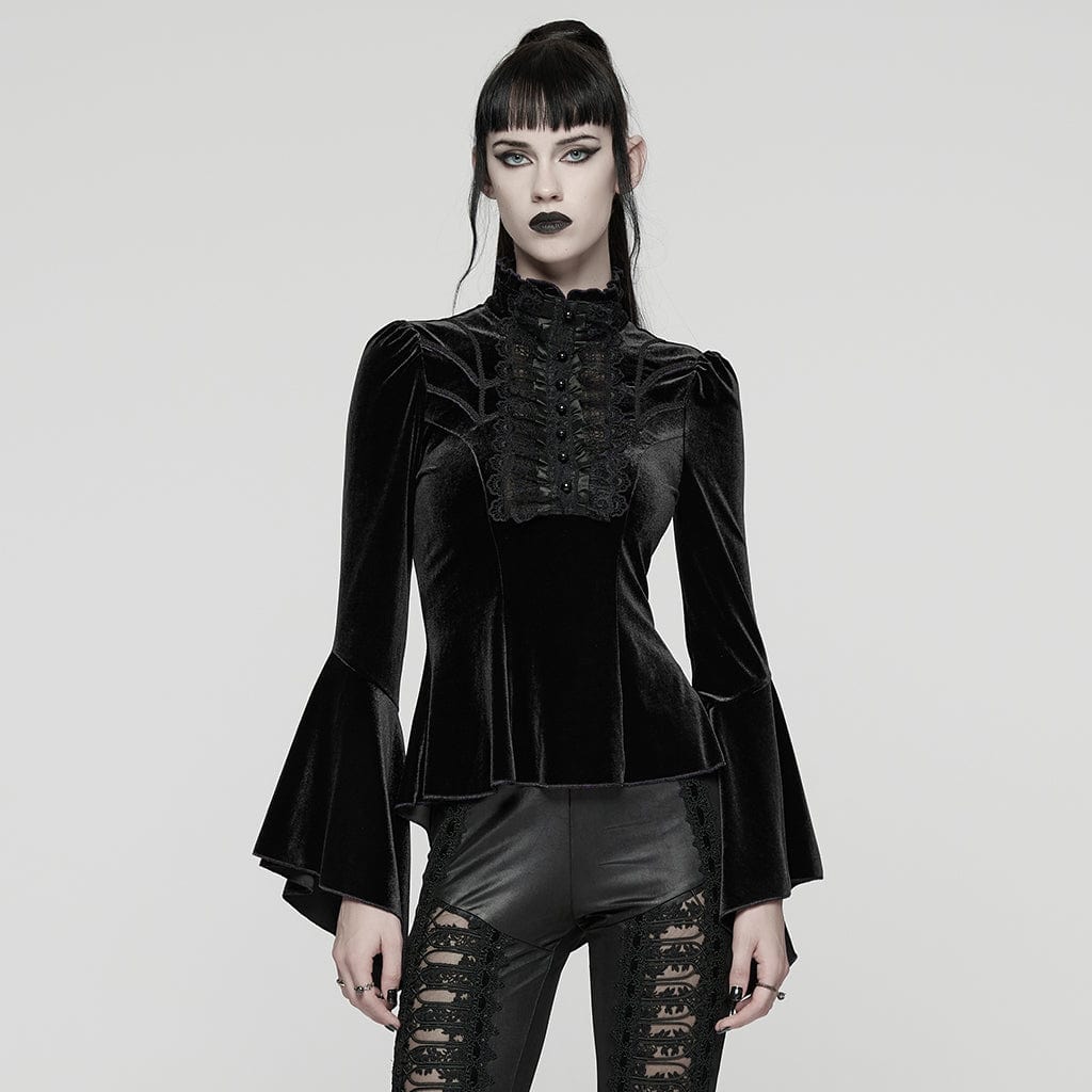 PUNK RAVE Women's Gothic Lace Splice Bell Sleeved Top Black