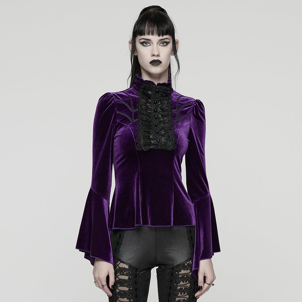 PUNK RAVE Women's Gothic Lace Splice Bell Sleeved Top Violet