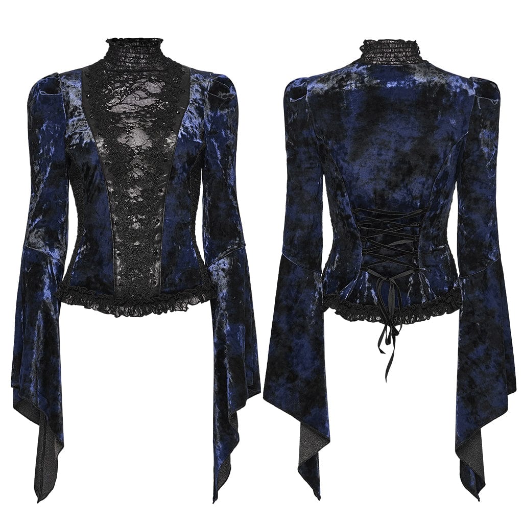 PUNK RAVE Women's Gothic Lace Splice Lace-up Flared Sleeved Shirt Blue