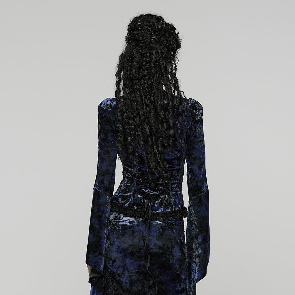 PUNK RAVE Women's Gothic Lace Splice Lace-up Flared Sleeved Shirt Blue