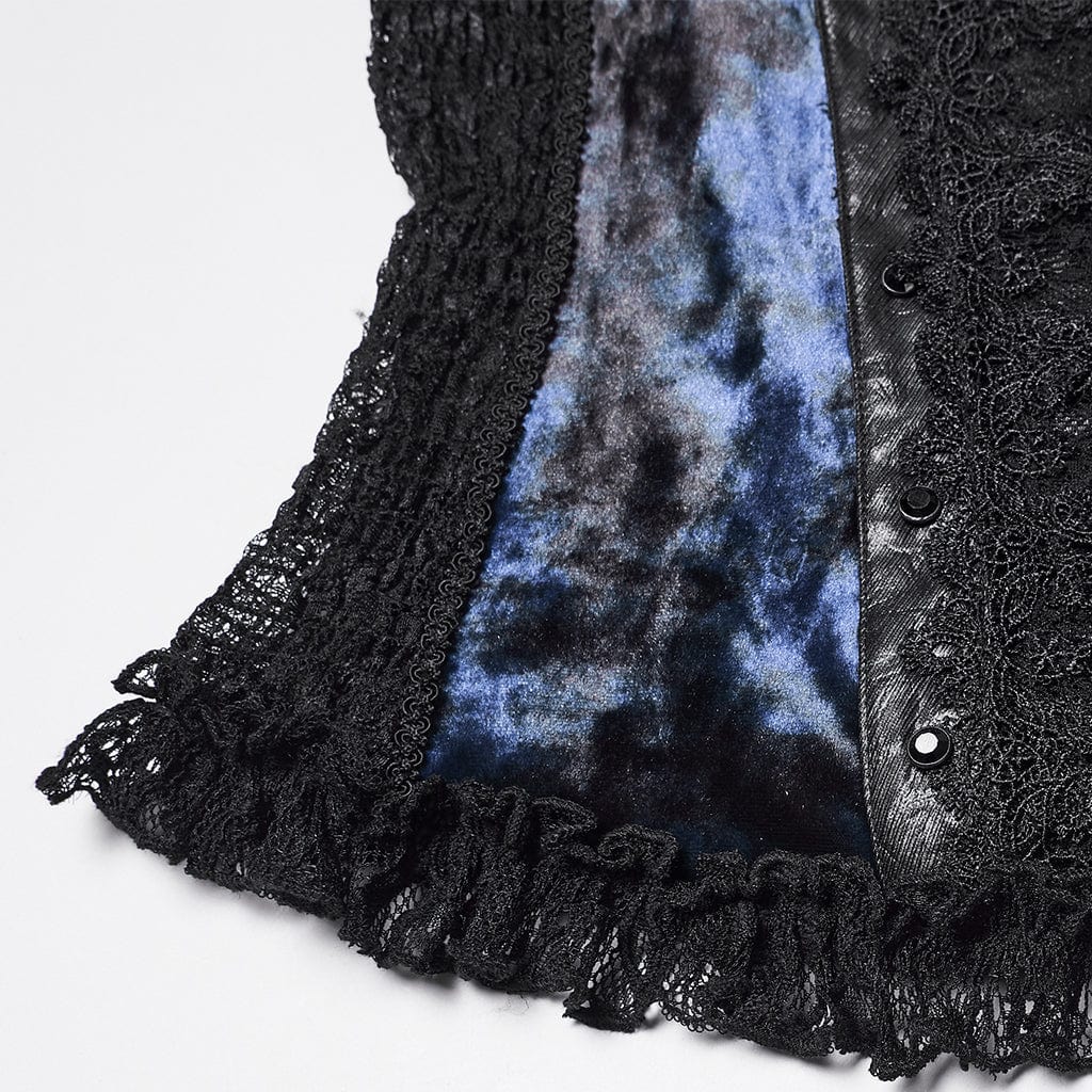 PUNK RAVE Women's Gothic Lace Splice Lace-up Flared Sleeved Shirt Blue