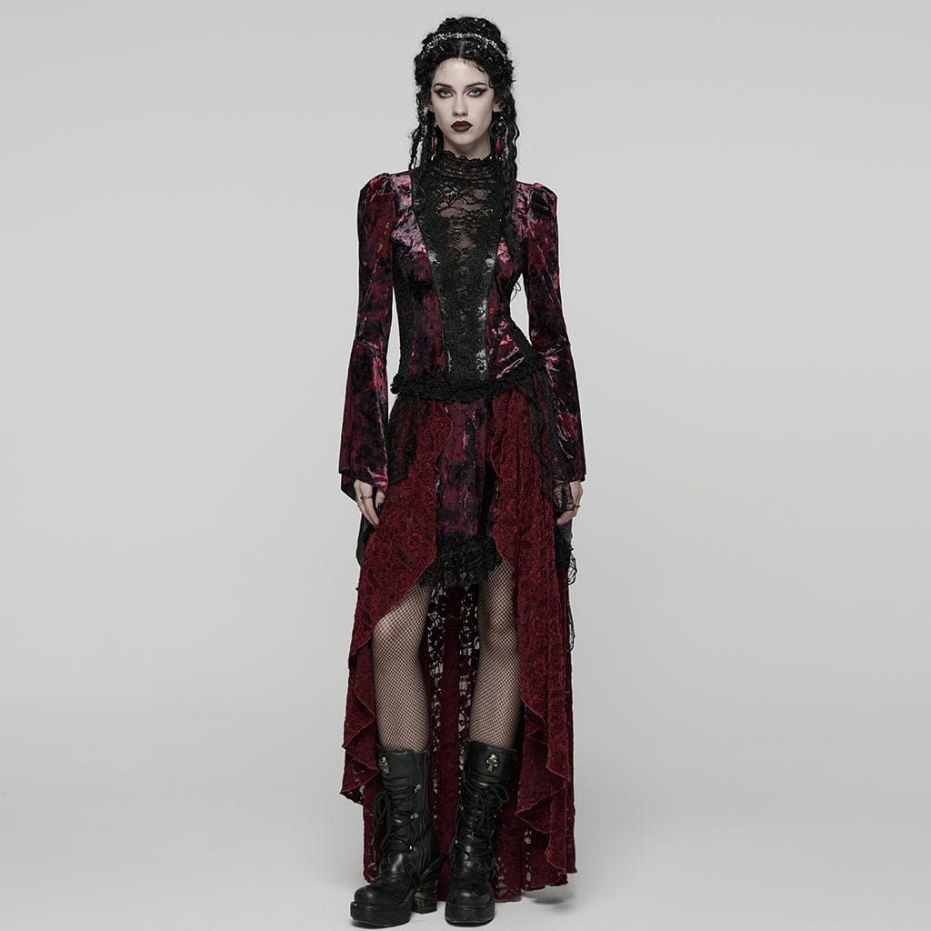 PUNK RAVE Women's Gothic Lace Splice Lace-up Flared Sleeved Shirt Red