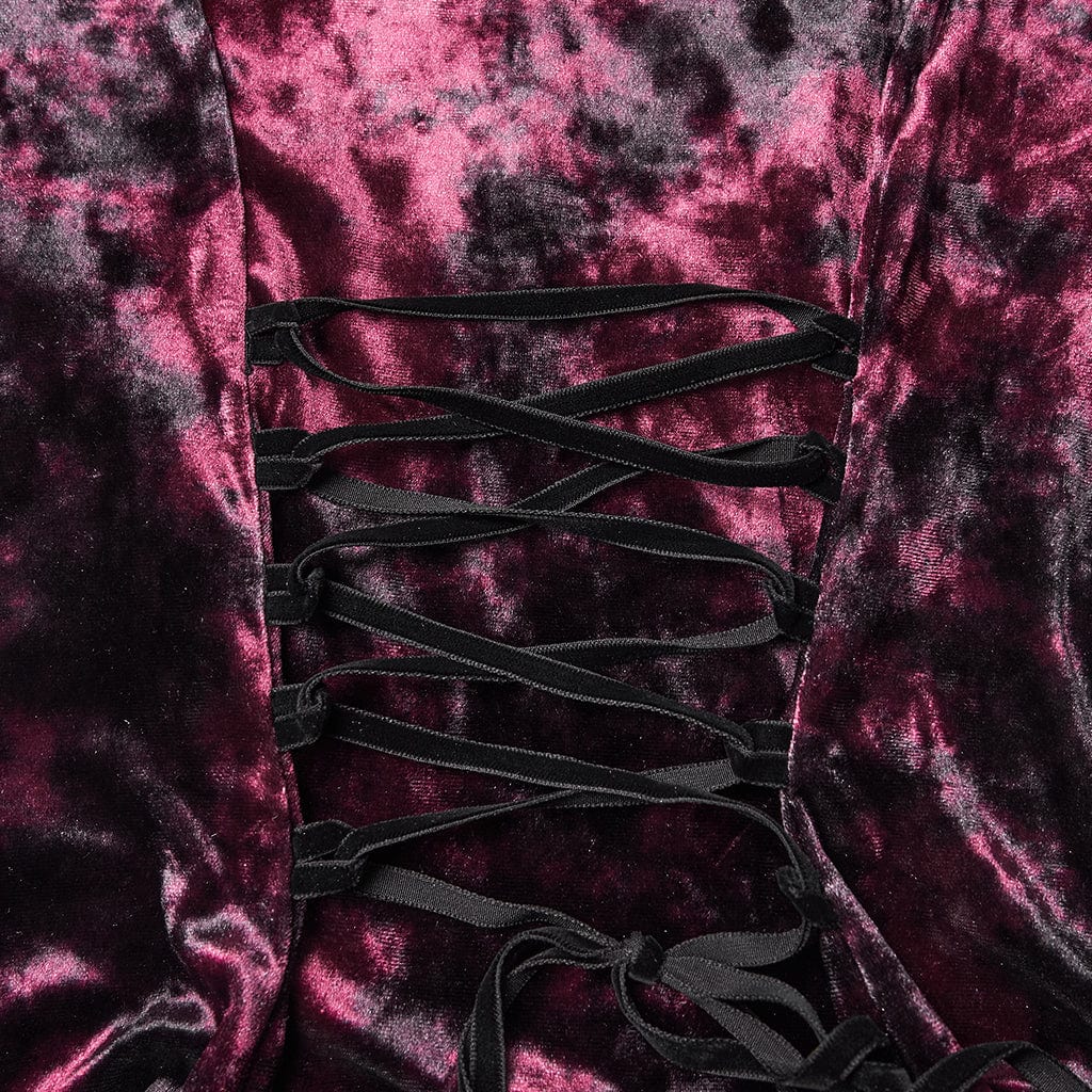 PUNK RAVE Women's Gothic Lace Splice Lace-up Flared Sleeved Shirt Red