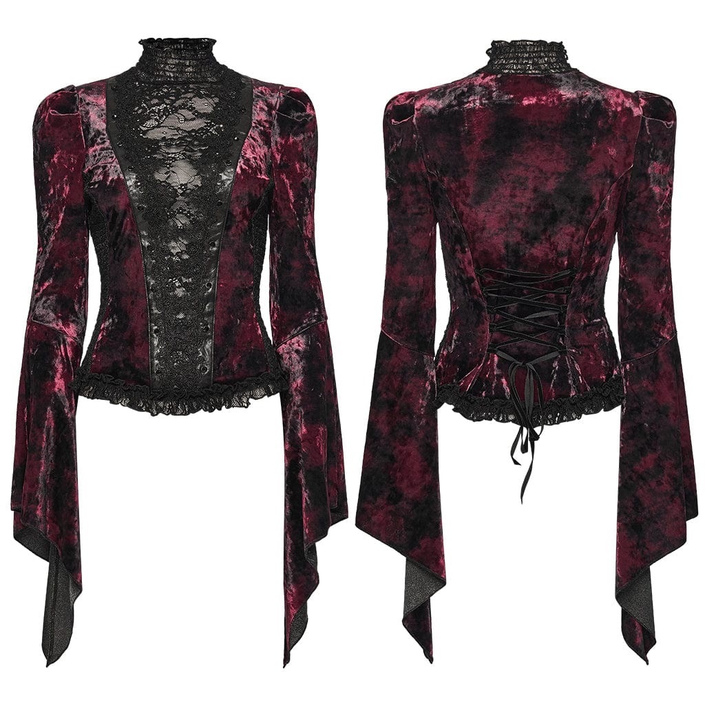 PUNK RAVE Women's Gothic Lace Splice Lace-up Flared Sleeved Shirt Red