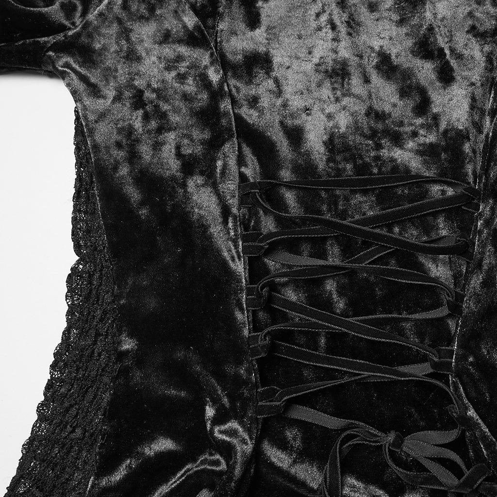 PUNK RAVE Women's Gothic Lace Splice Lace-up Flared Sleeved Top Black