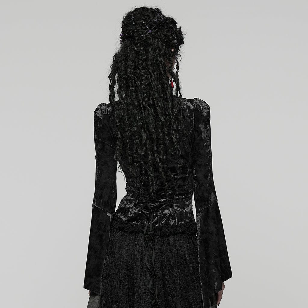 PUNK RAVE Women's Gothic Lace Splice Lace-up Flared Sleeved Top Black